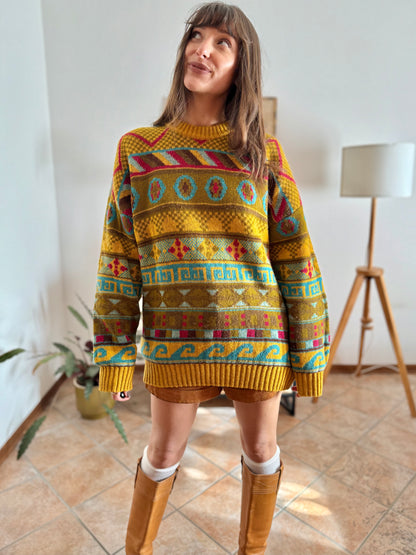 1980's vintage mustard, khaki and fuchsia geometric knit Stefanel pullover