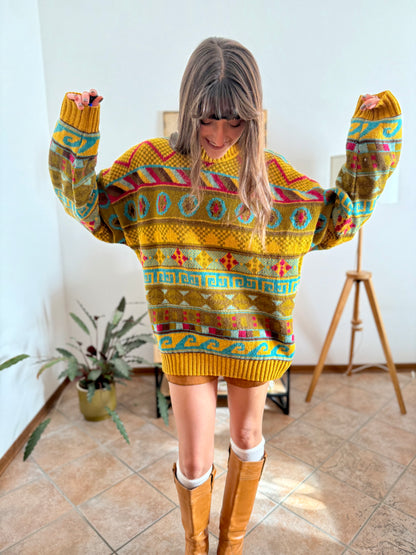 1980's vintage mustard, khaki and fuchsia geometric knit Stefanel pullover