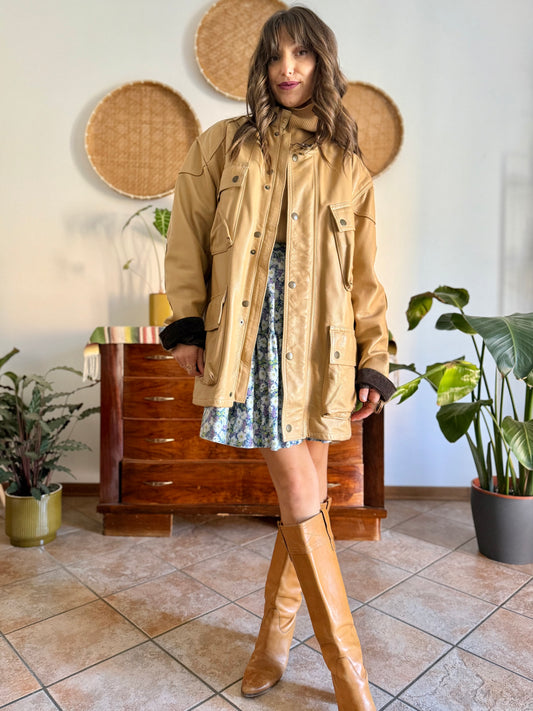 1990's vintage tan leather Bellstaff jacket with brown corderoy trim