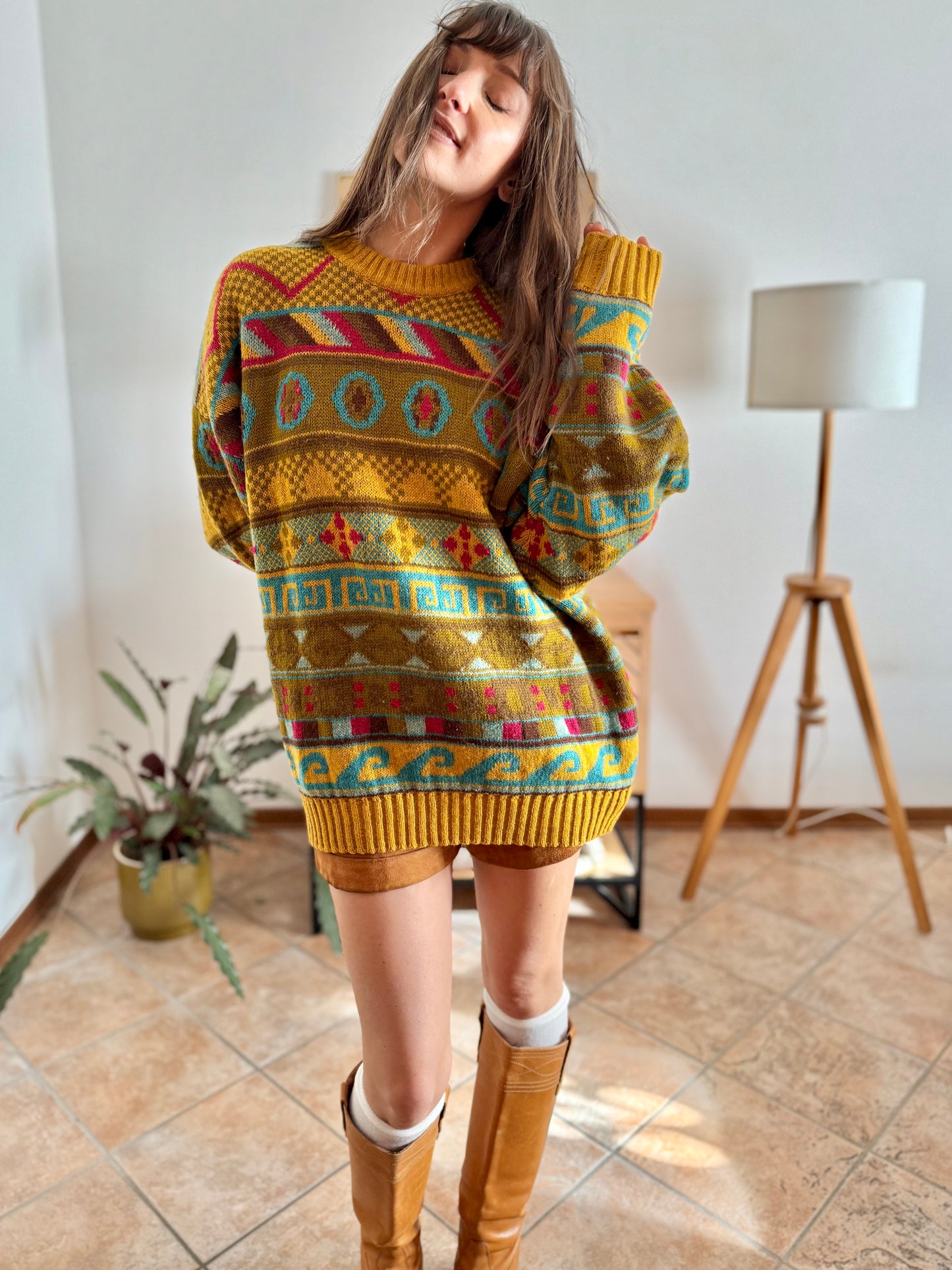 1980's vintage mustard, khaki and fuchsia geometric knit Stefanel pullover