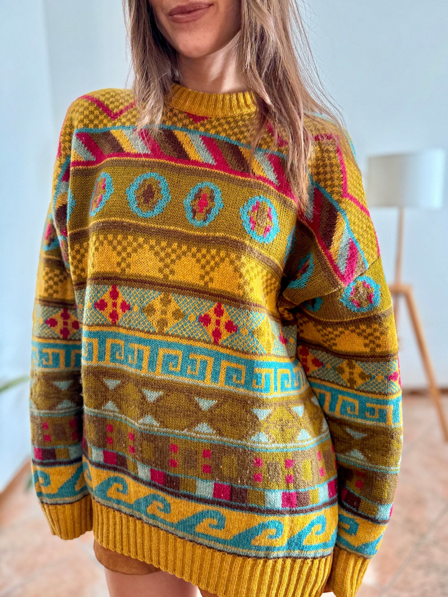 1980's vintage mustard, khaki and fuchsia geometric knit Stefanel pullover