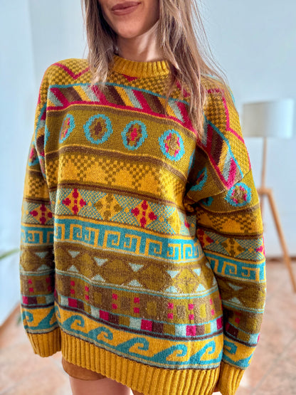 1980's vintage mustard, khaki and fuchsia geometric knit Stefanel pullover