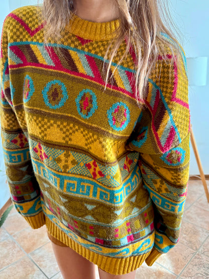 1980's vintage mustard, khaki and fuchsia geometric knit Stefanel pullover
