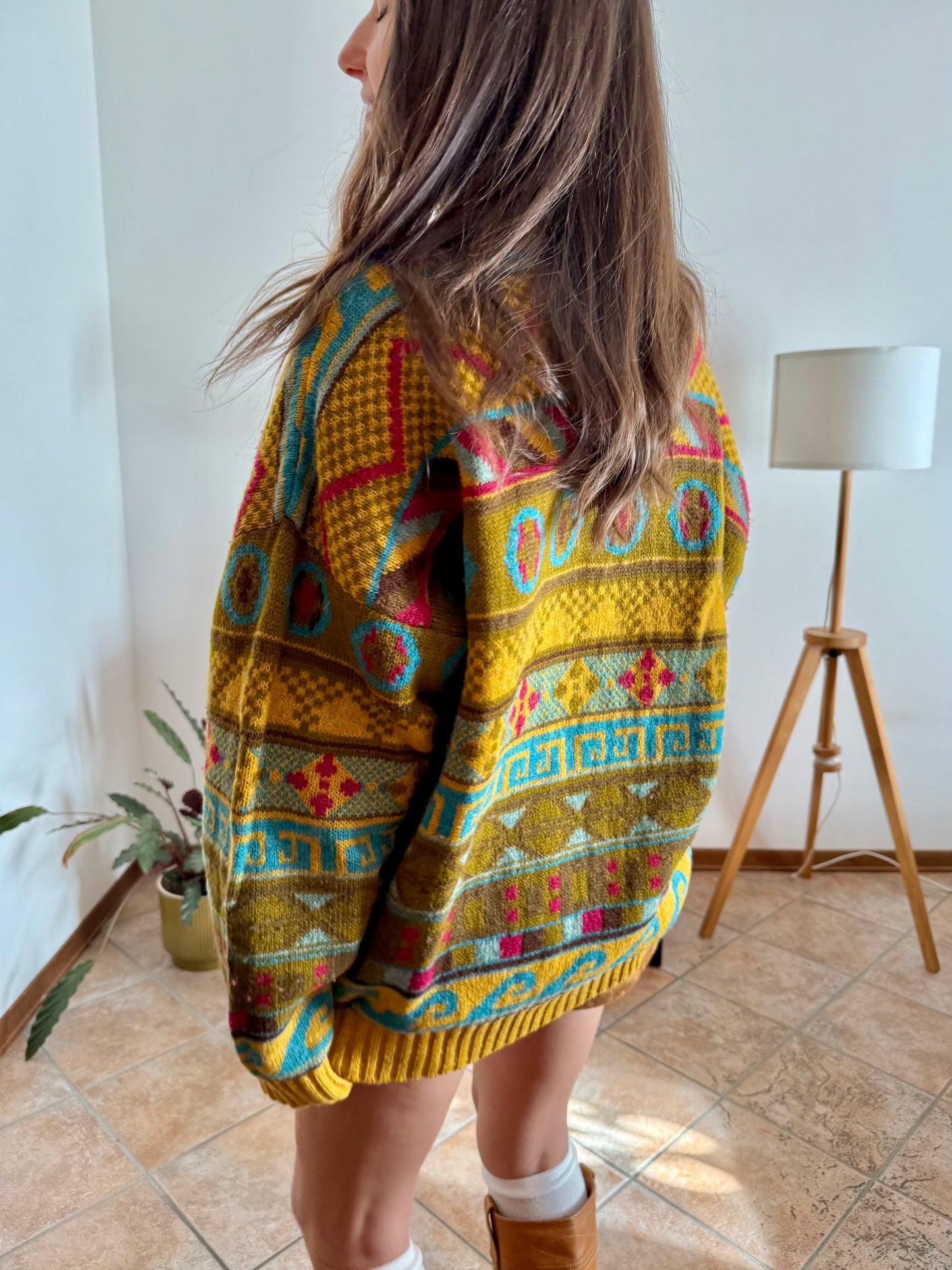 1980's vintage mustard, khaki and fuchsia geometric knit Stefanel pullover