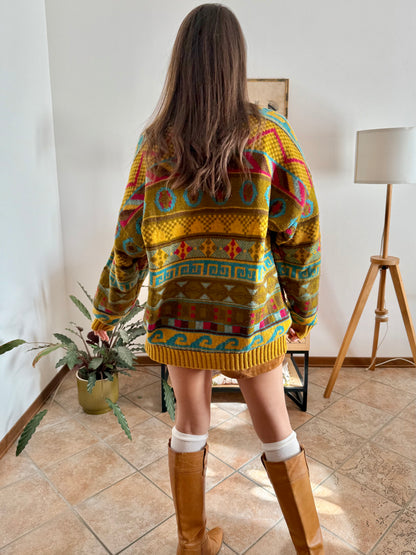 1980's vintage mustard, khaki and fuchsia geometric knit Stefanel pullover