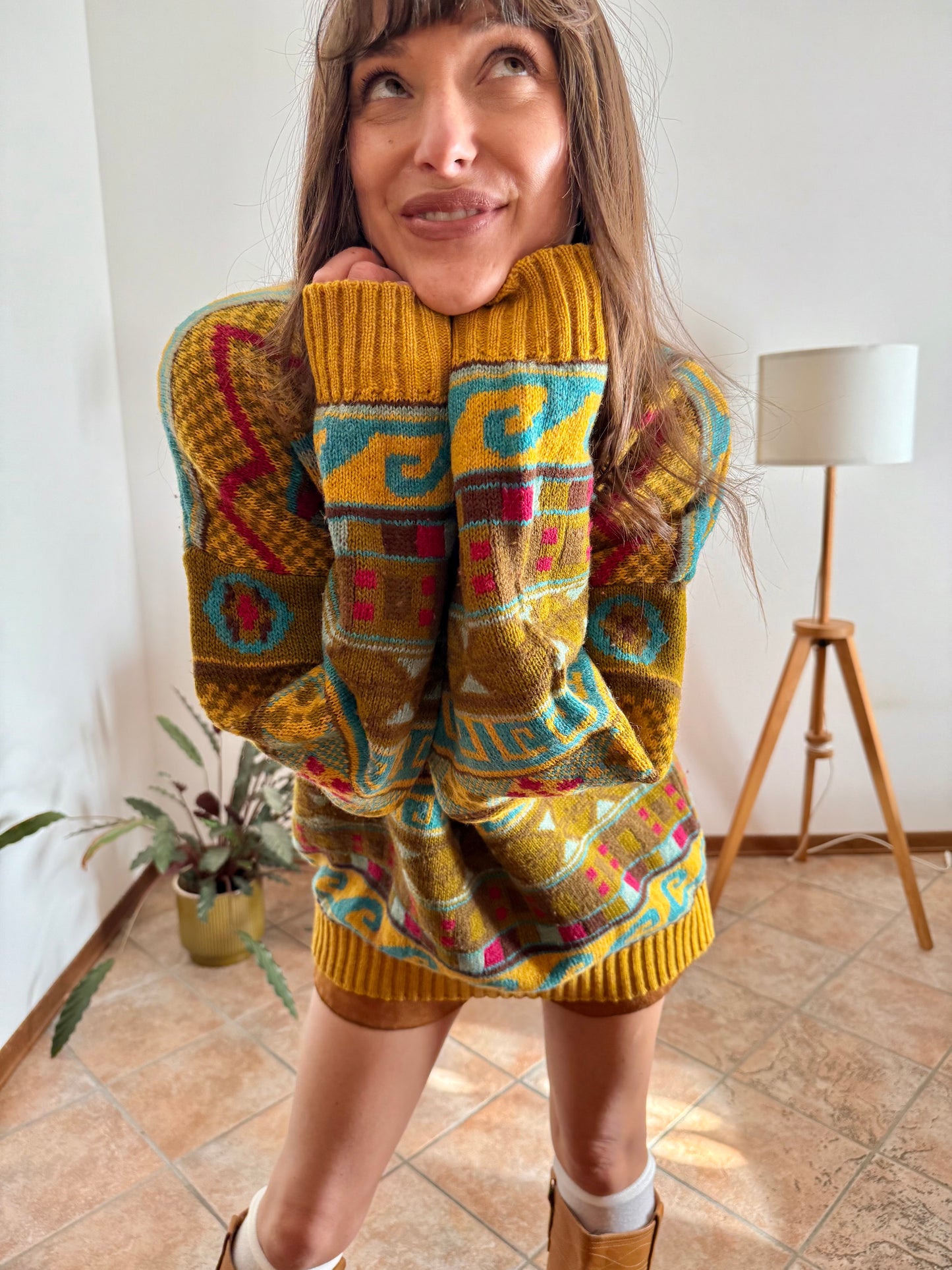 1980's vintage mustard, khaki and fuchsia geometric knit Stefanel pullover