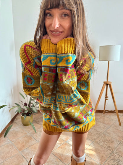 1980's vintage mustard, khaki and fuchsia geometric knit Stefanel pullover