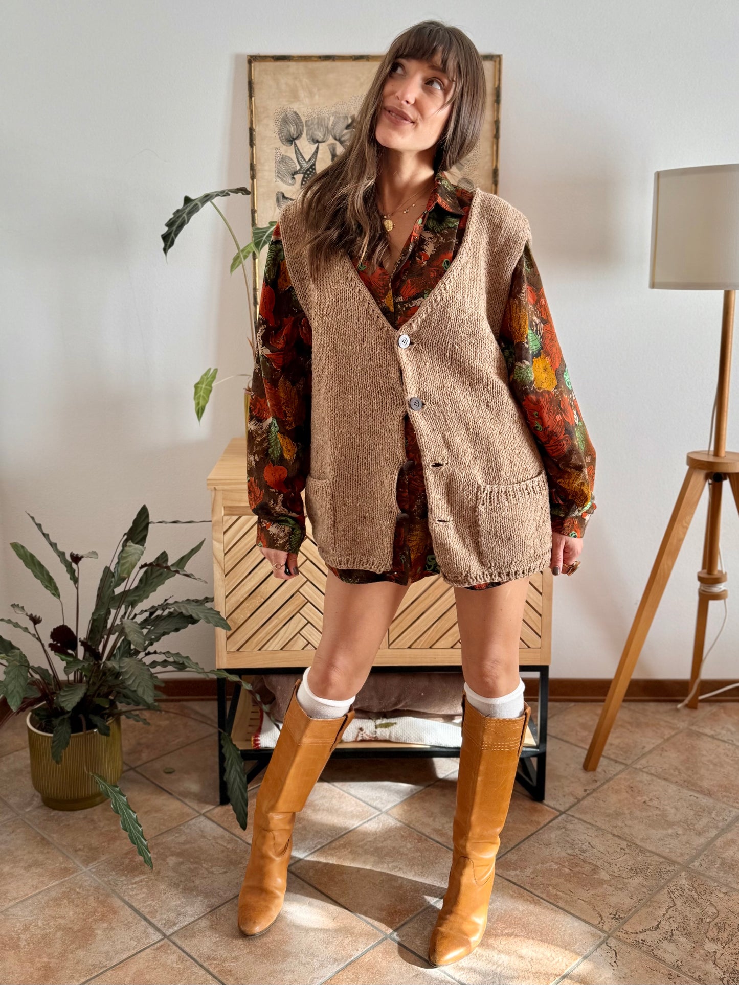 1970's vintage hand knit oversize tan wool knit vest