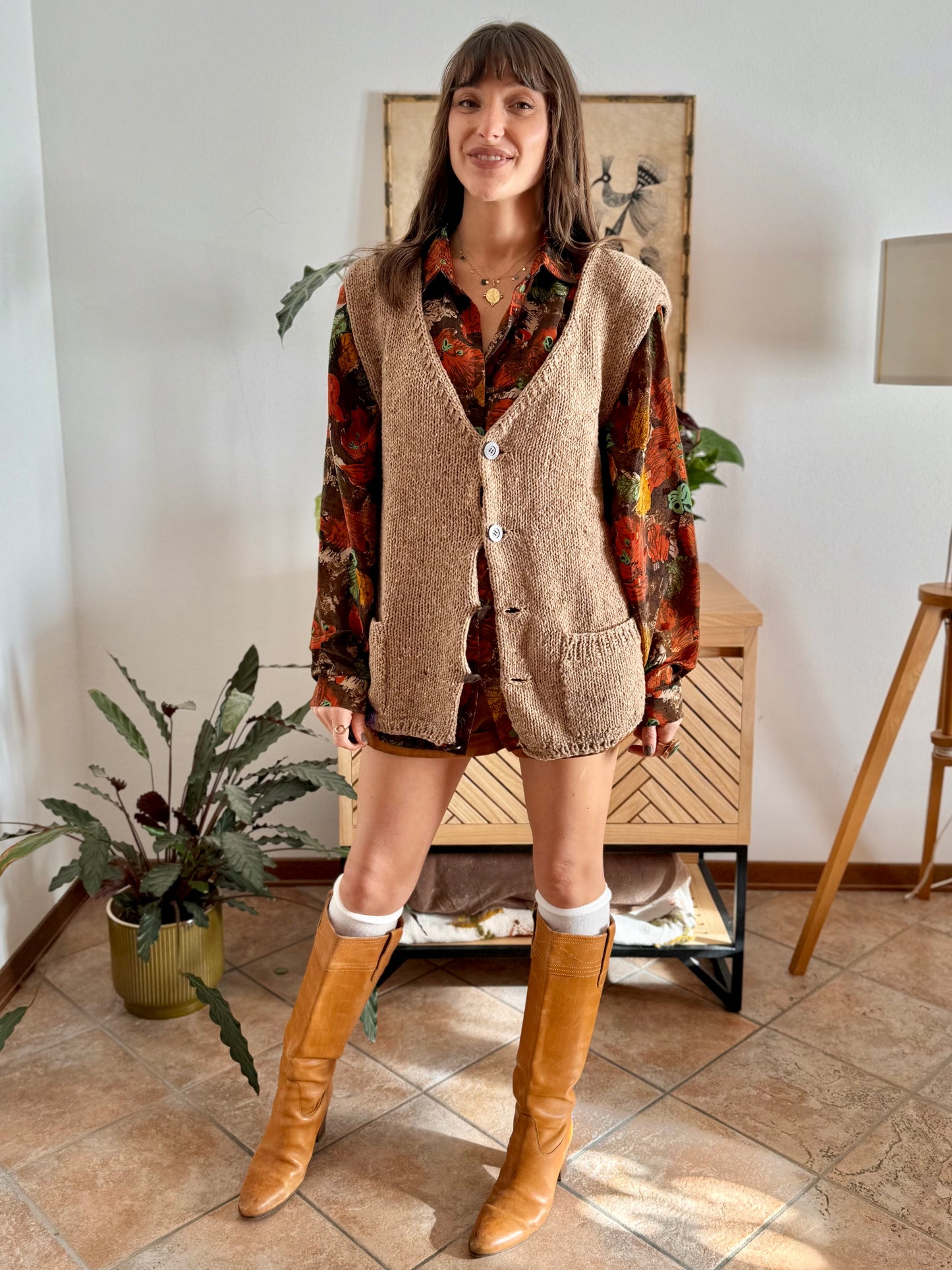 1970's vintage hand knit oversize tan wool knit vest