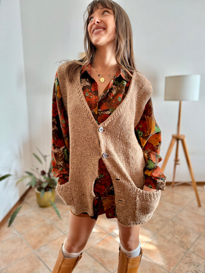 1970's vintage hand knit oversize tan wool knit vest