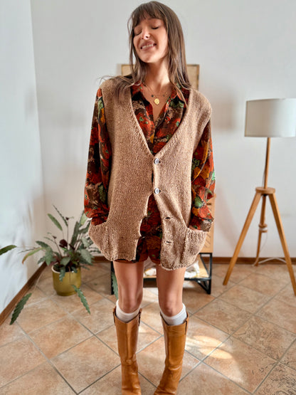 1970's vintage hand knit oversize tan wool knit vest