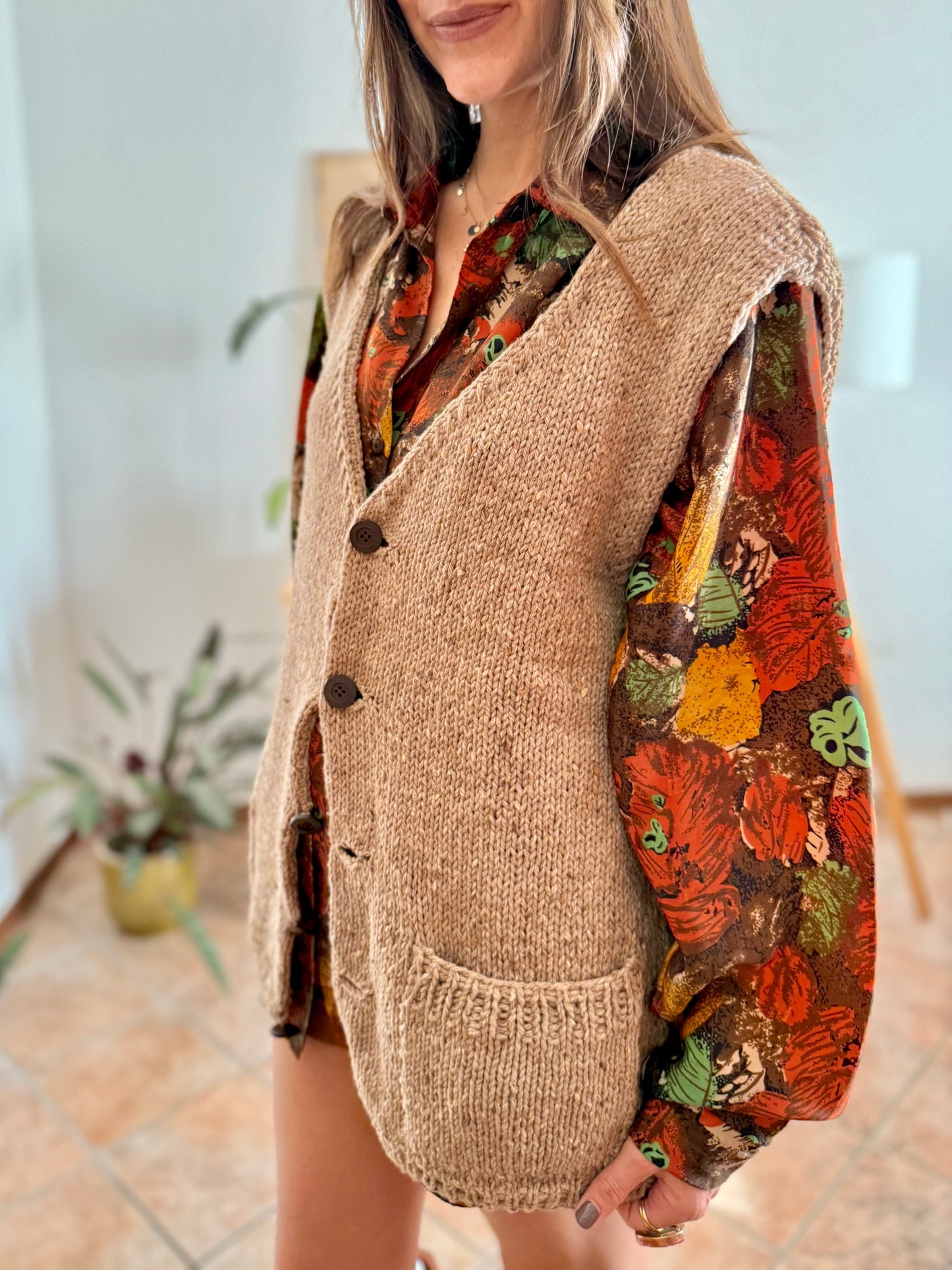 1970's vintage hand knit oversize tan wool knit vest