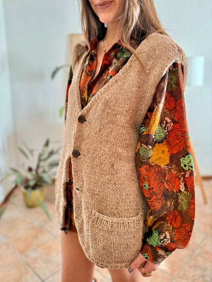 1970's vintage hand knit oversize tan wool knit vest