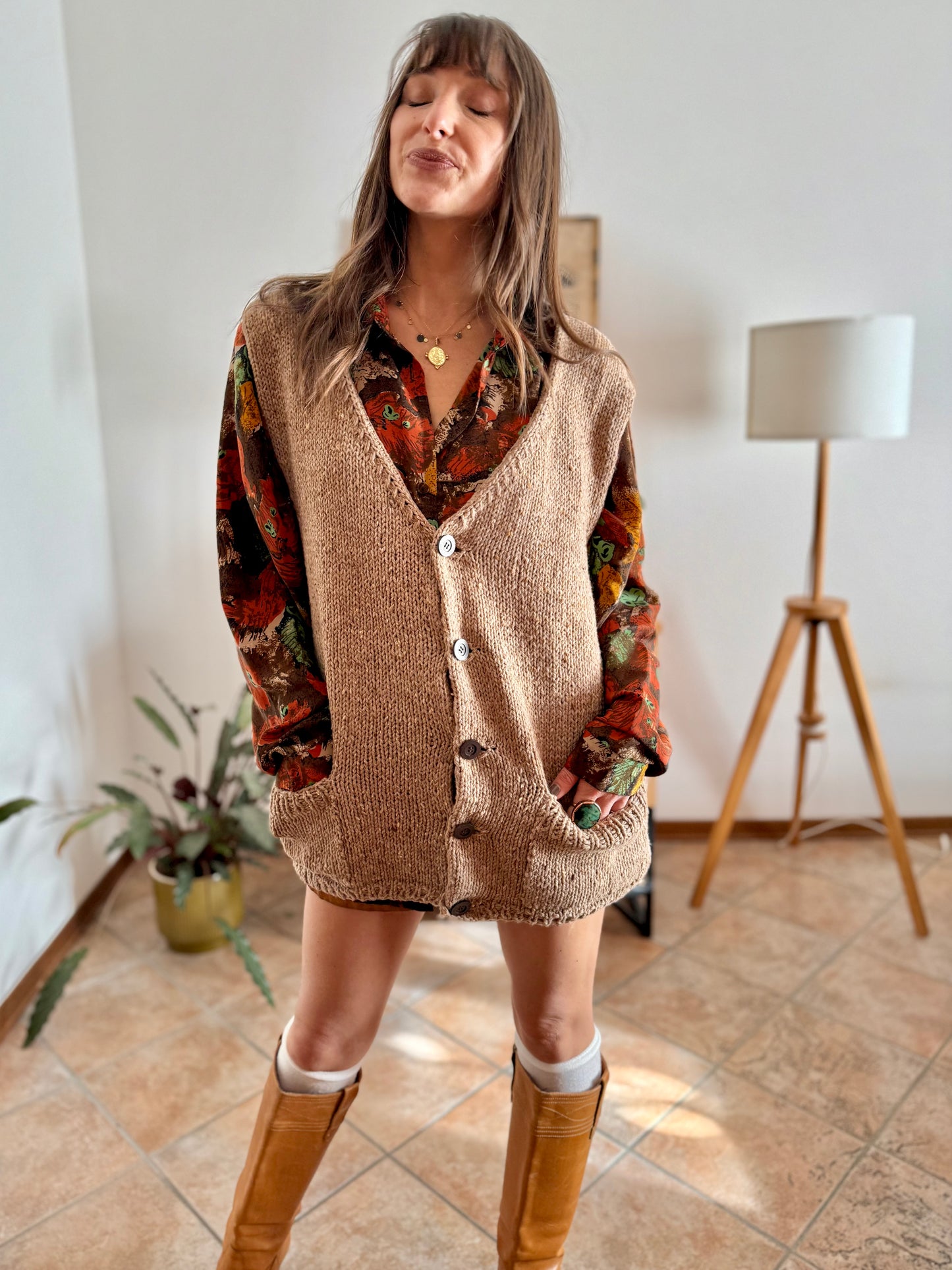 1970's vintage hand knit oversize tan wool knit vest