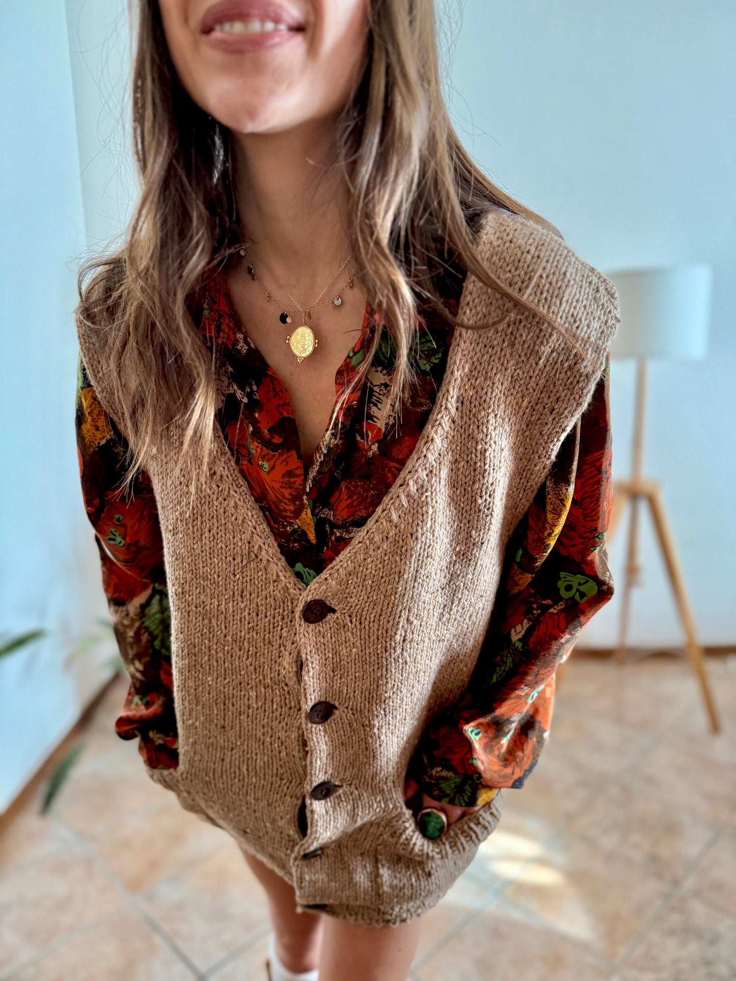 1970's vintage hand knit oversize tan wool knit vest