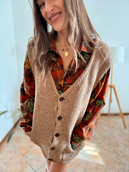 1970's vintage hand knit oversize tan wool knit vest