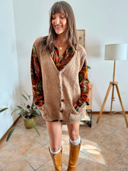 1970's vintage hand knit oversize tan wool knit vest
