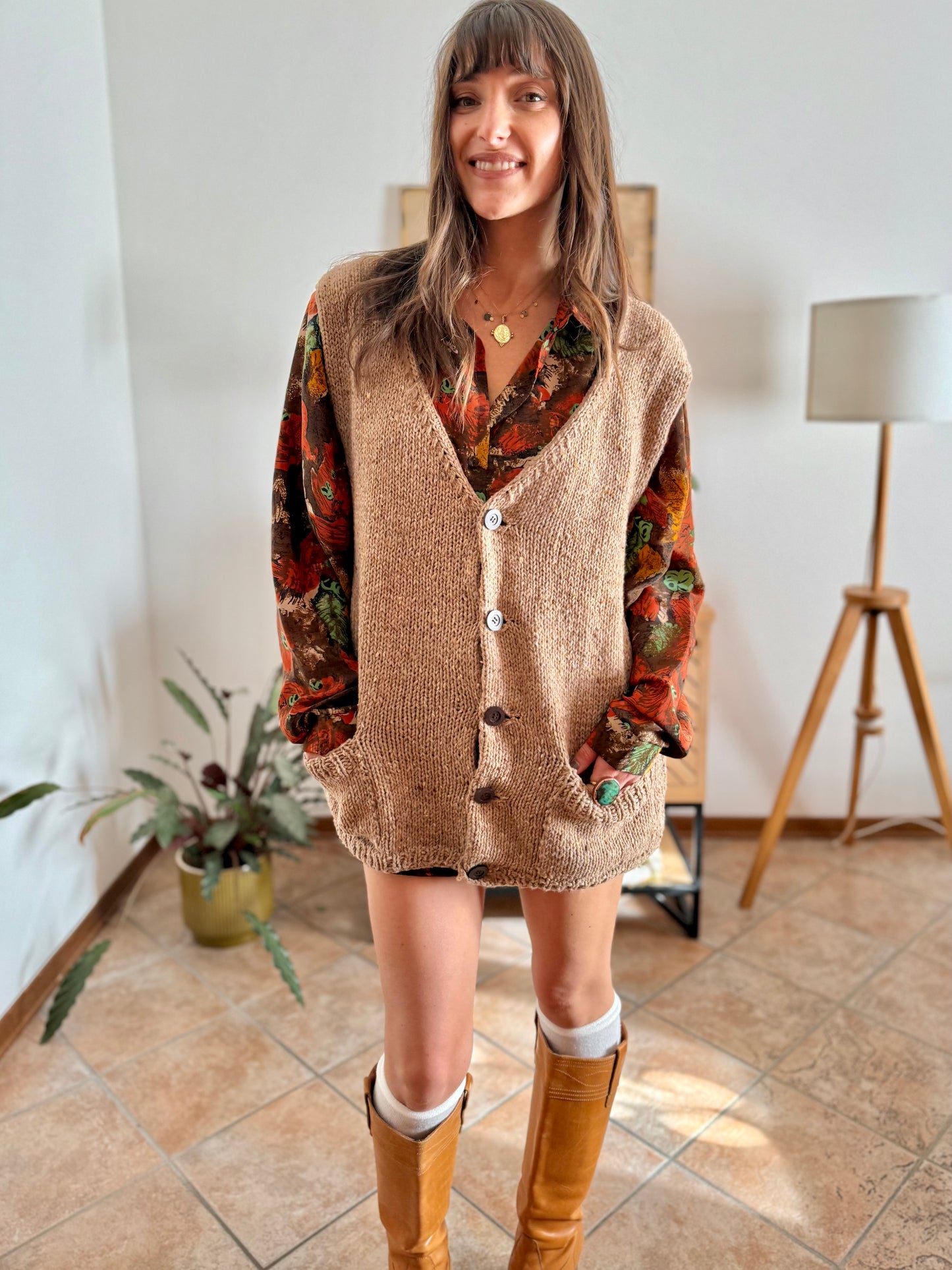 1970's vintage hand knit oversize tan wool knit vest