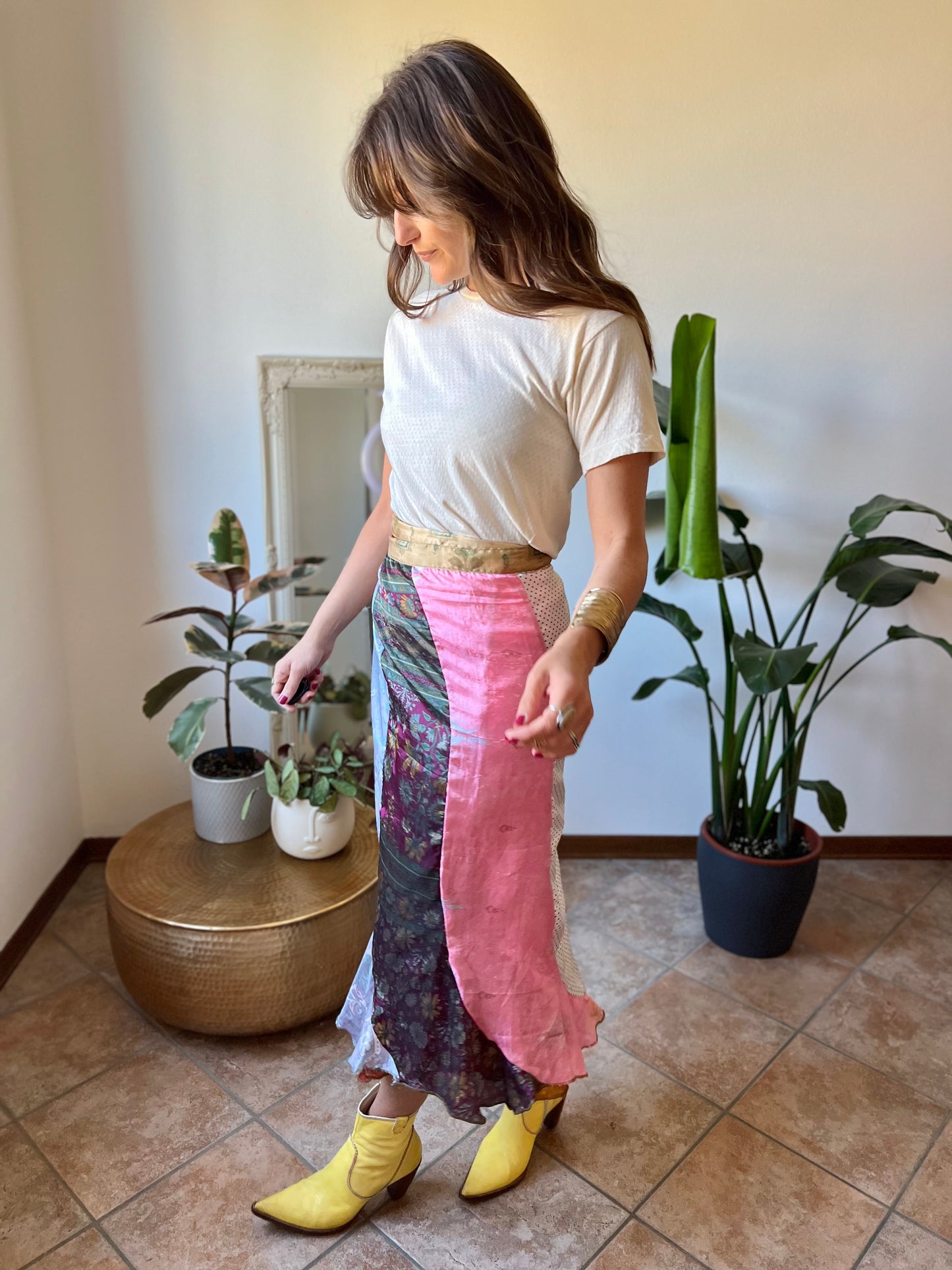 1990's vintage multicolor patchwork silk wrap midi skirt