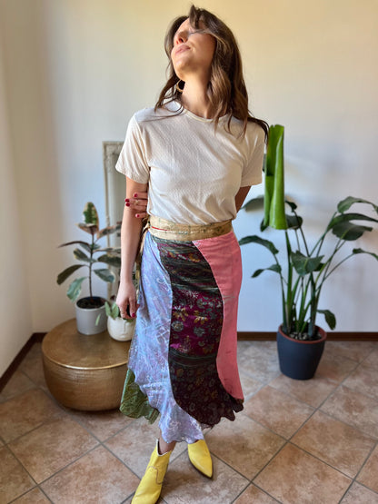 1990's vintage multicolor patchwork silk wrap midi skirt