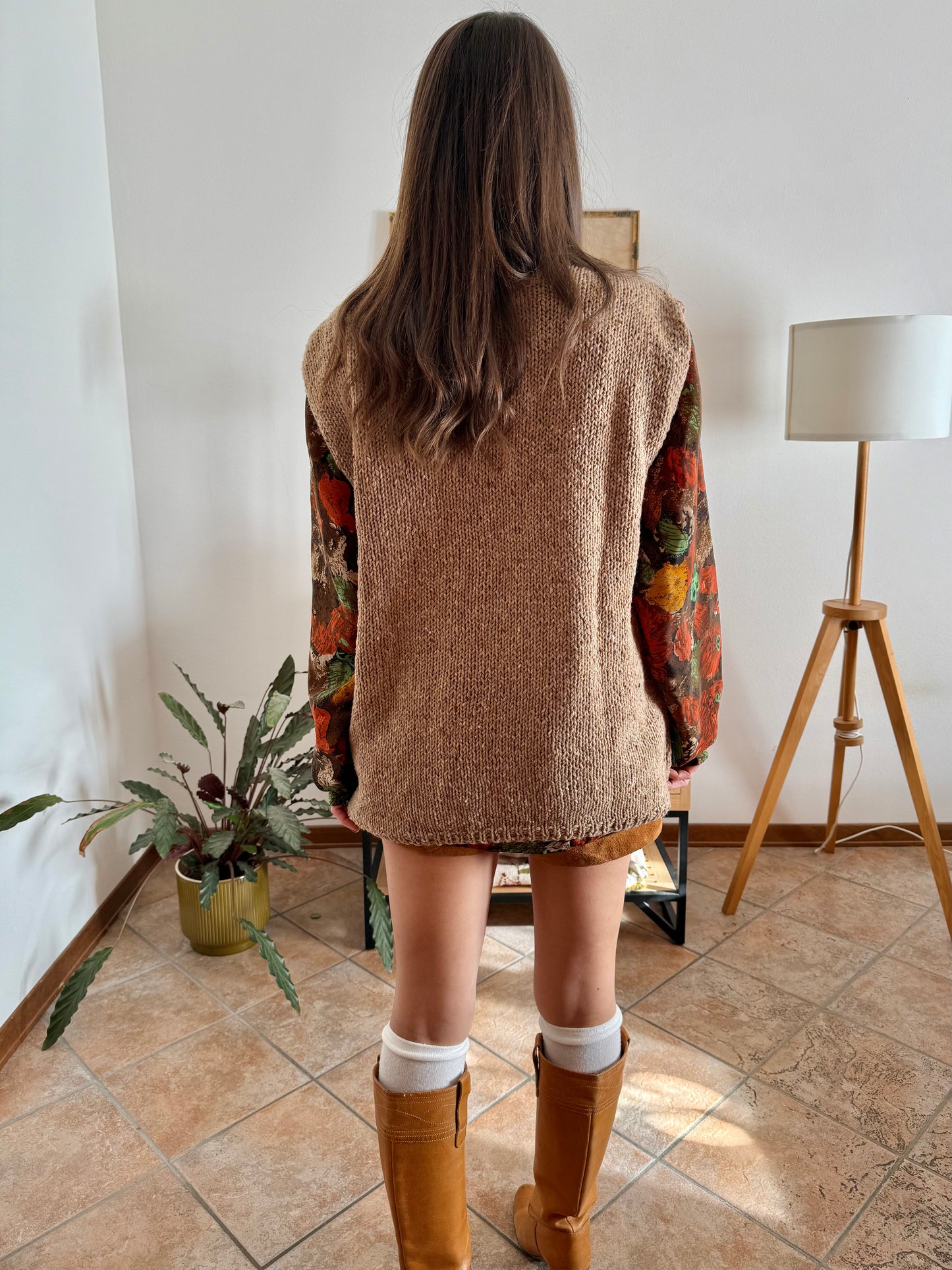 1970's vintage hand knit oversize tan wool knit vest