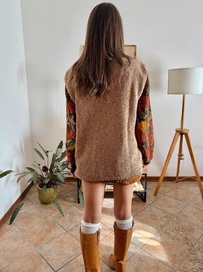 1970's vintage hand knit oversize tan wool knit vest