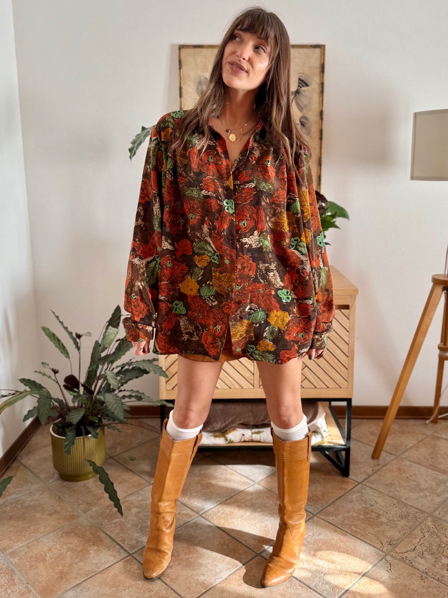 1970's vintage chocolate brown and orange abstract floral print blouse