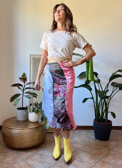 1990's vintage multicolor patchwork silk wrap midi skirt