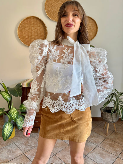 1970's vintage puff sleeve embroidered lace blouse