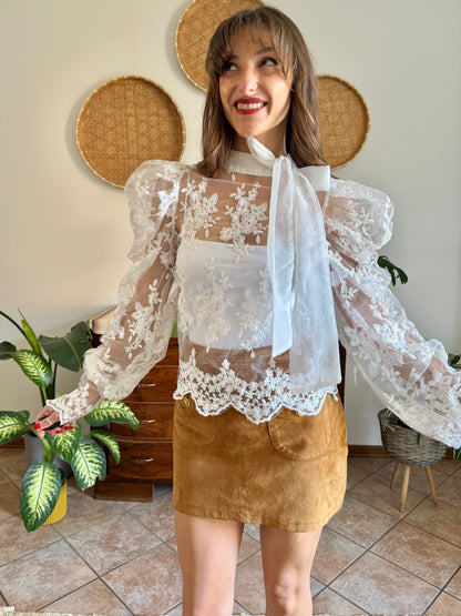 1970's vintage puff sleeve embroidered lace blouse