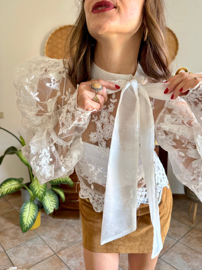 1970's vintage puff sleeve embroidered lace blouse
