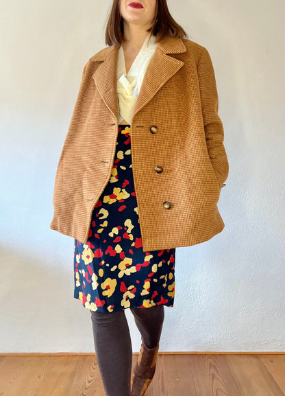 1970's vintage beige and tan houndstooth wool over coat