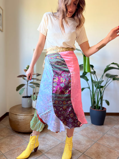 1990's vintage multicolor patchwork silk wrap midi skirt
