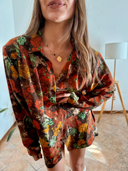 1970's vintage chocolate brown and orange abstract floral print blouse