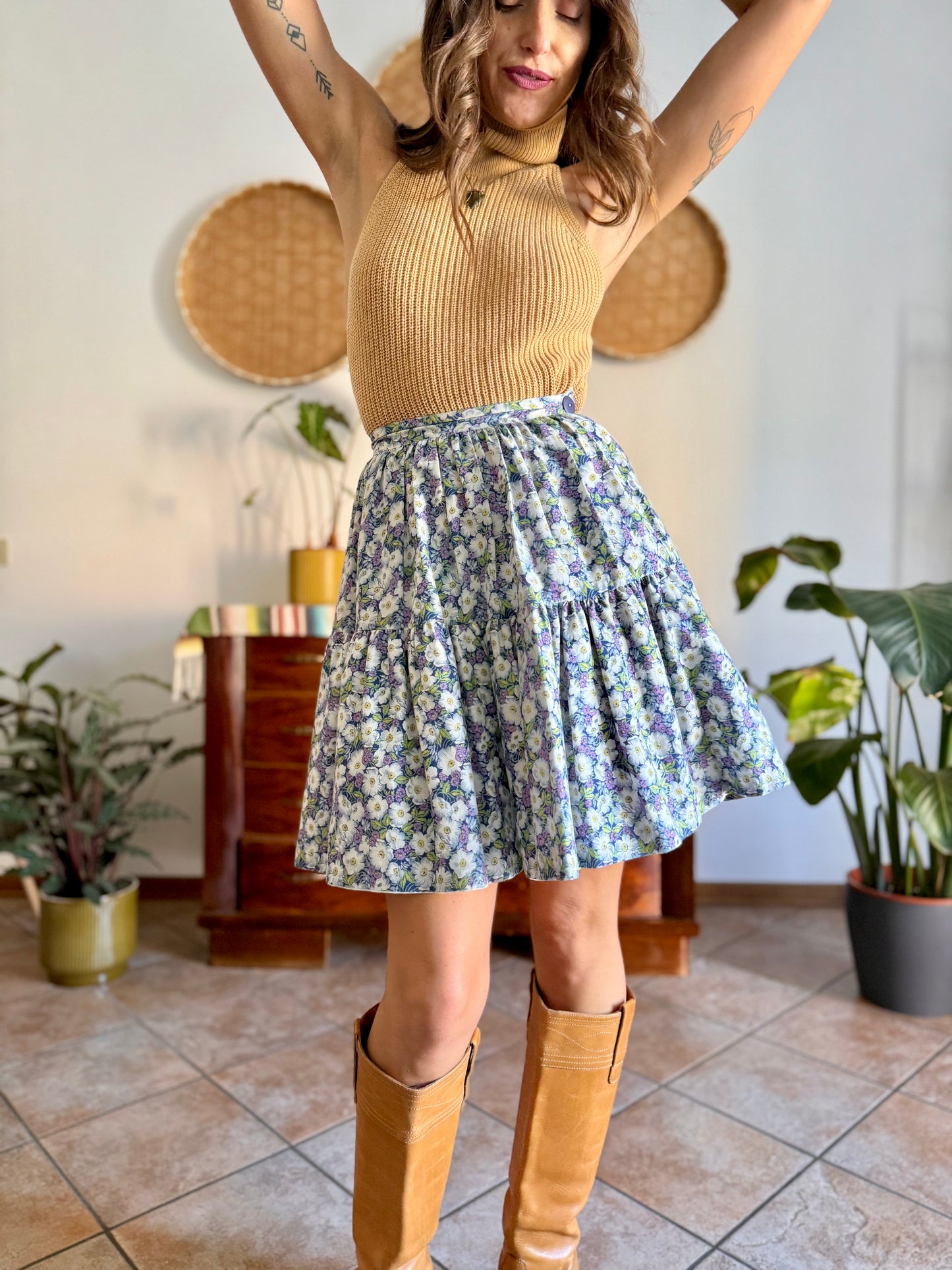 1970's vintage blue green and purple floral skirt