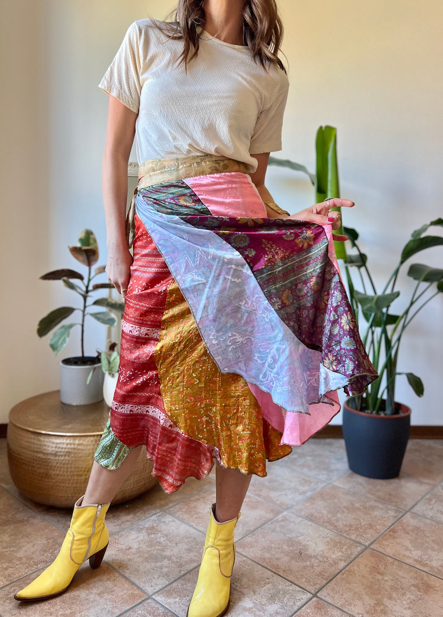 1990's vintage multicolor patchwork silk wrap midi skirt