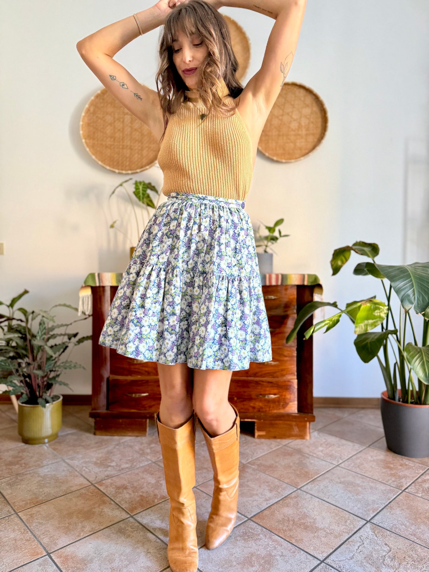 1970's vintage blue green and purple floral skirt