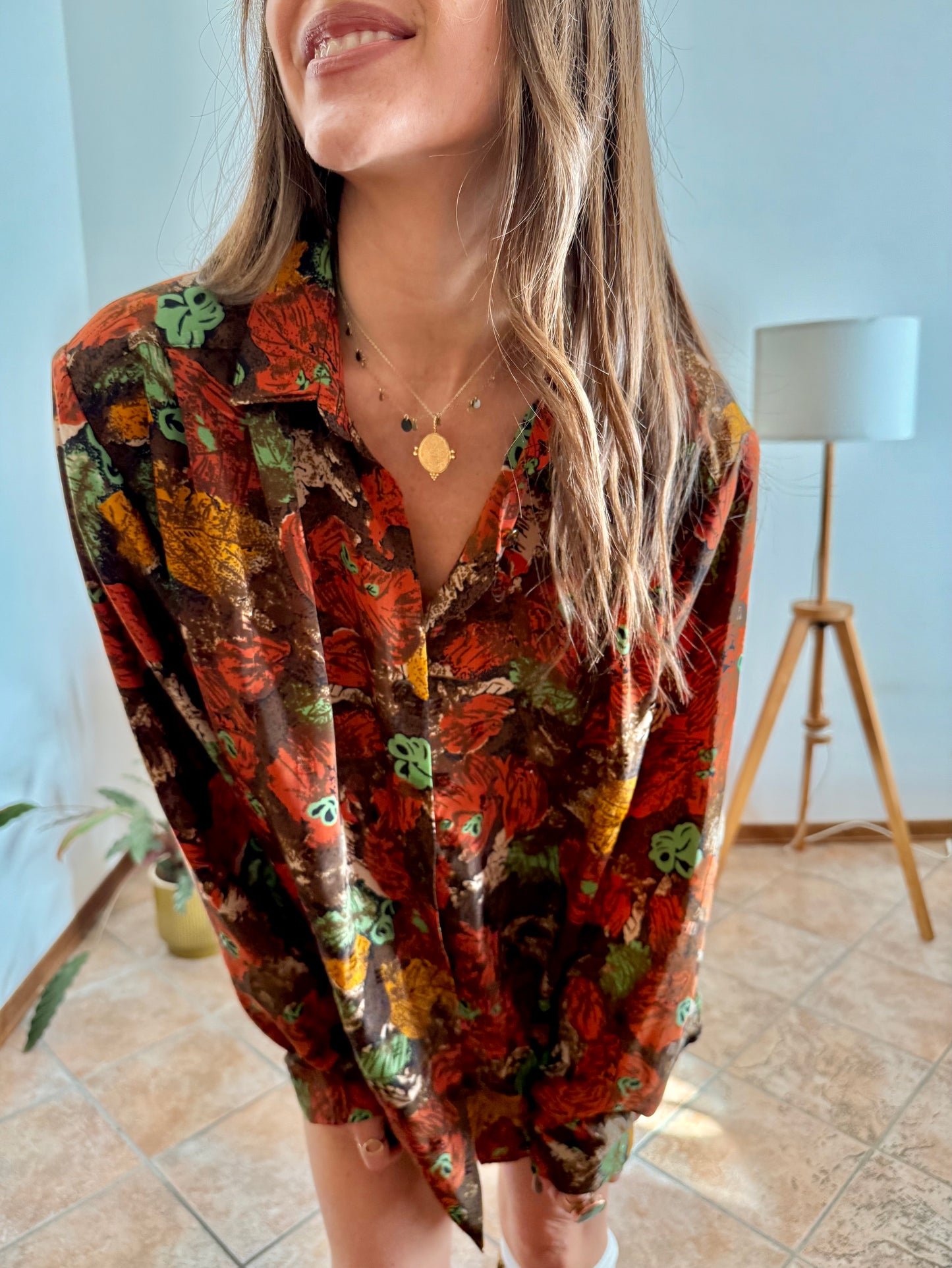 1970's vintage chocolate brown and orange abstract floral print blouse