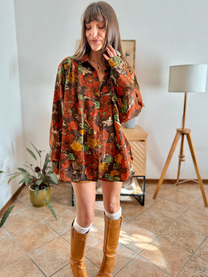 1970's vintage chocolate brown and orange abstract floral print blouse