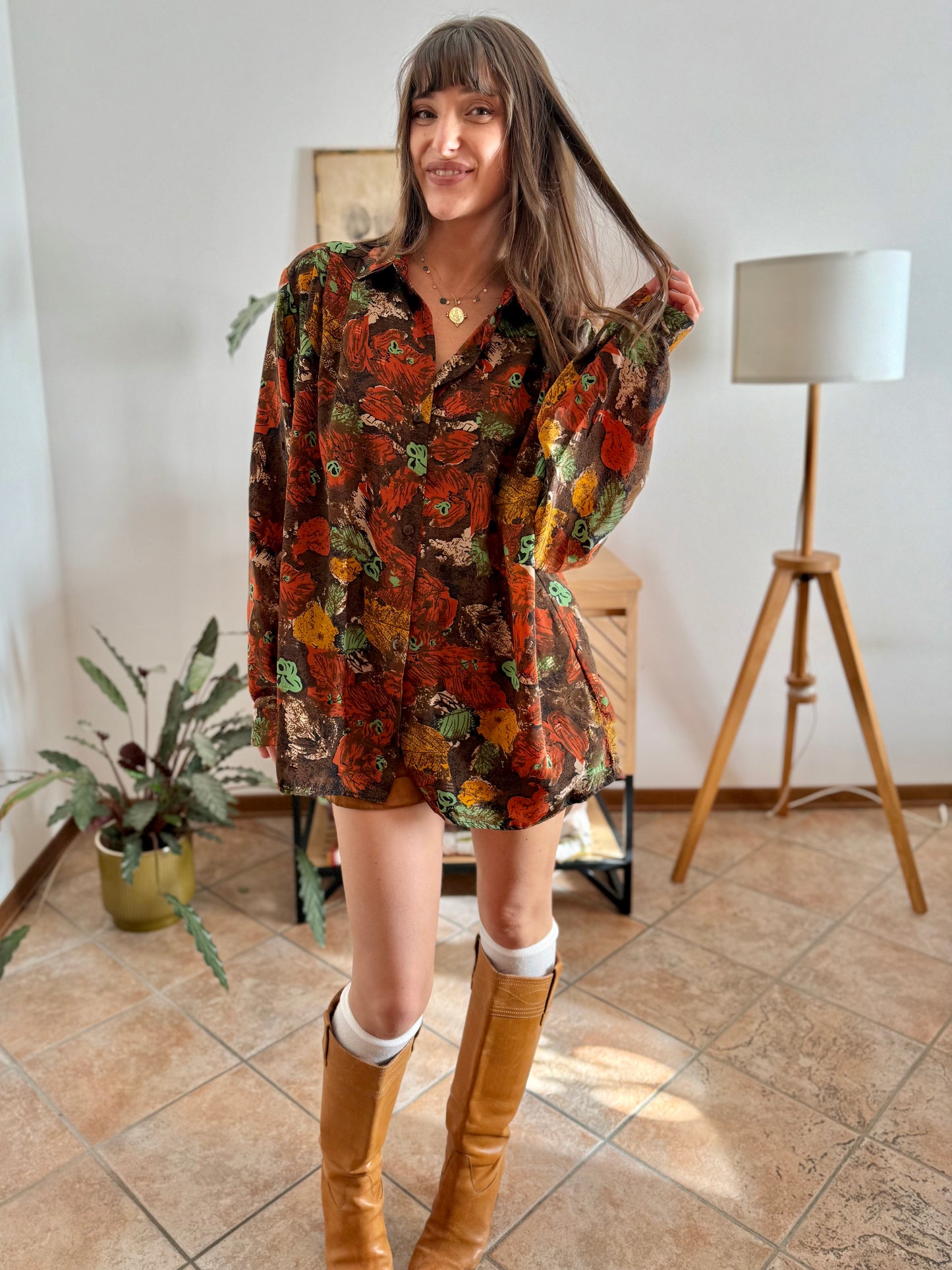 1970's vintage chocolate brown and orange abstract floral print blouse