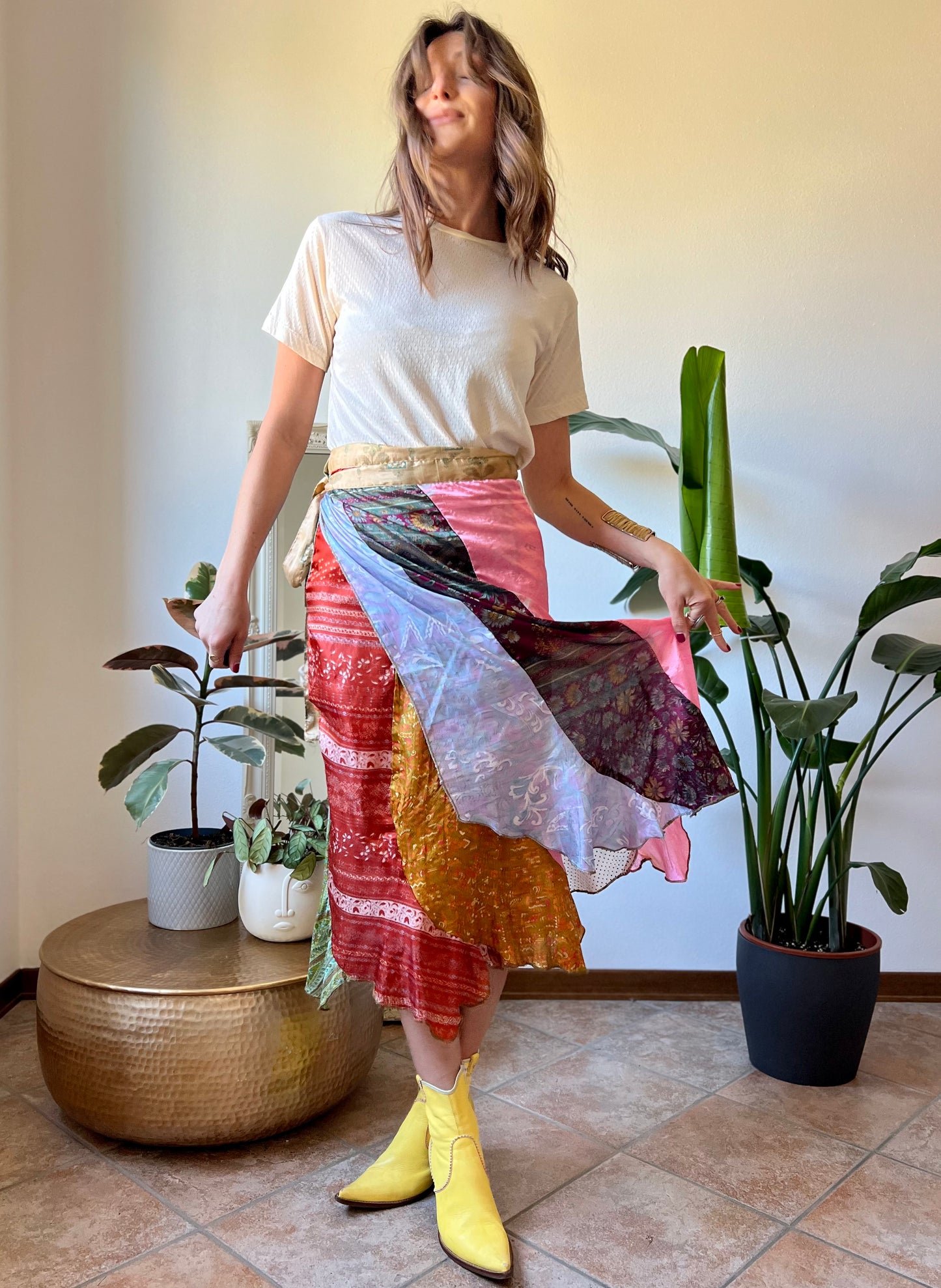 1990's vintage multicolor patchwork silk wrap midi skirt
