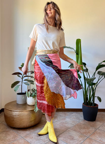 1990's vintage multicolor patchwork silk wrap midi skirt