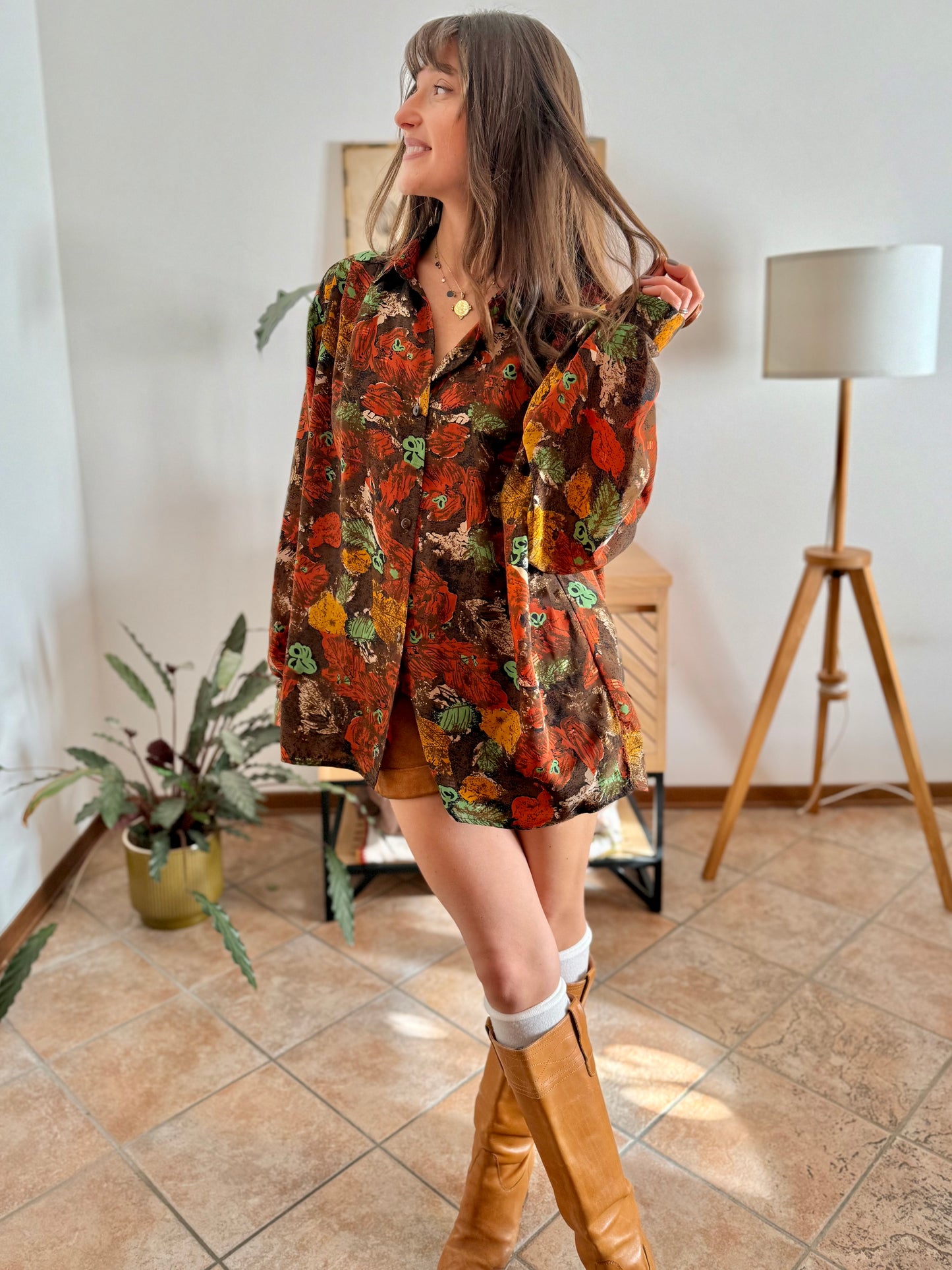 1970's vintage chocolate brown and orange abstract floral print blouse