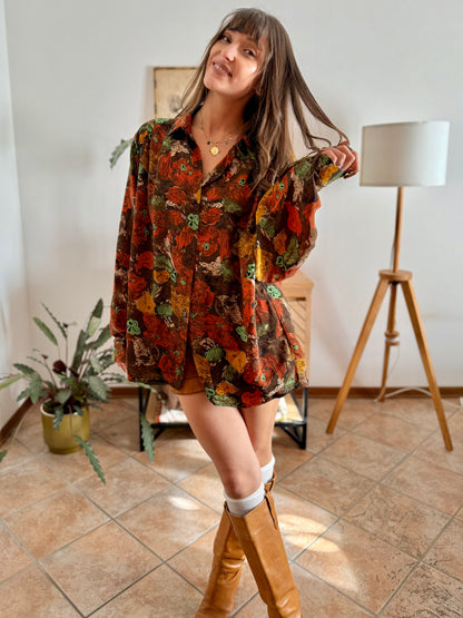 1970's vintage chocolate brown and orange abstract floral print blouse