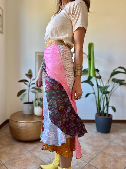 1990's vintage multicolor patchwork silk wrap midi skirt