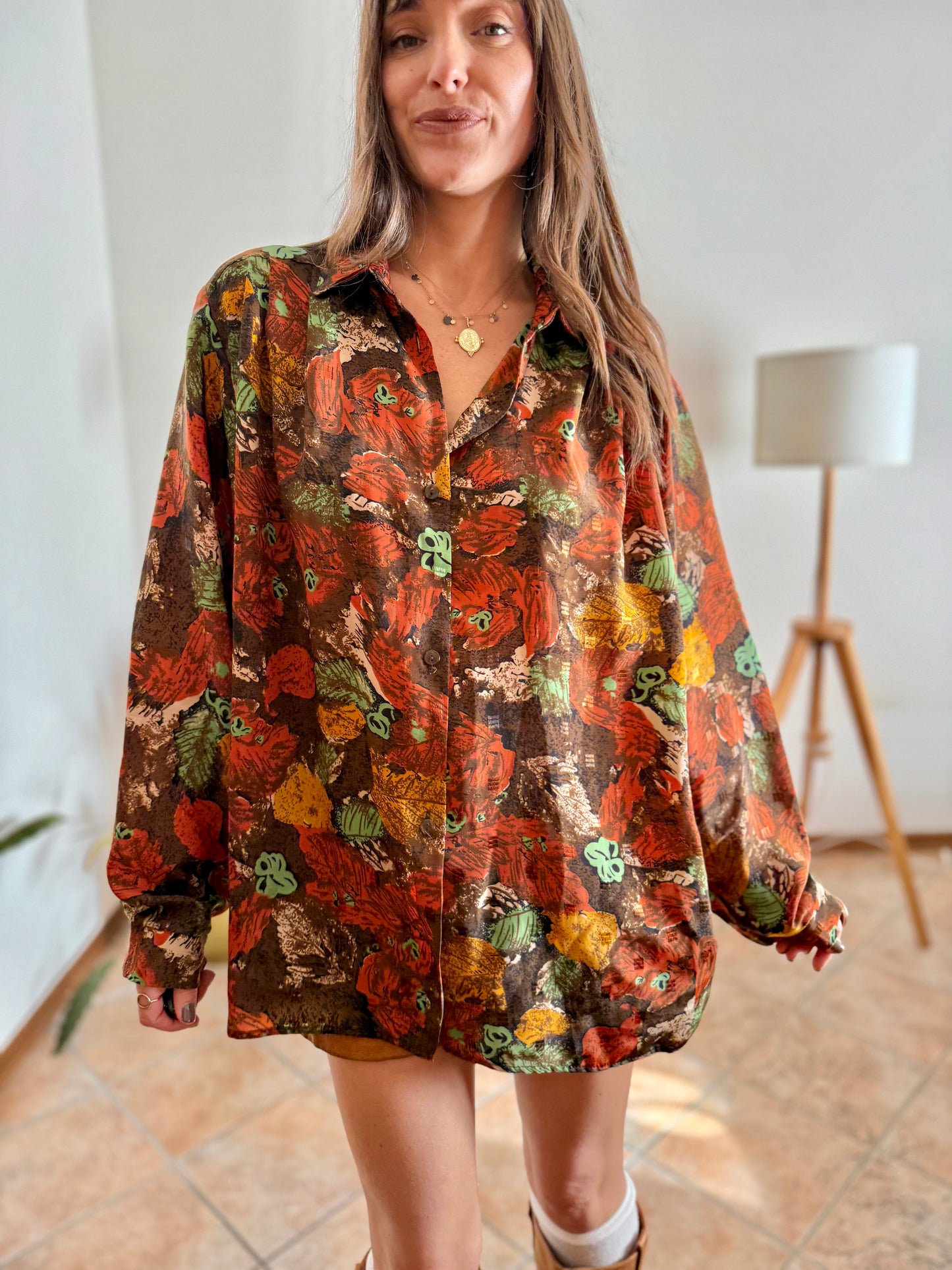 1970's vintage chocolate brown and orange abstract floral print blouse