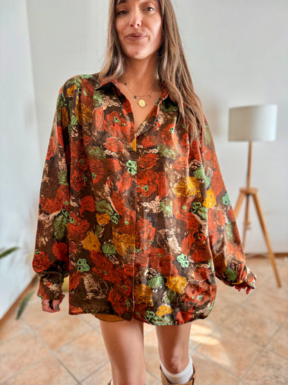 1970's vintage chocolate brown and orange abstract floral print blouse