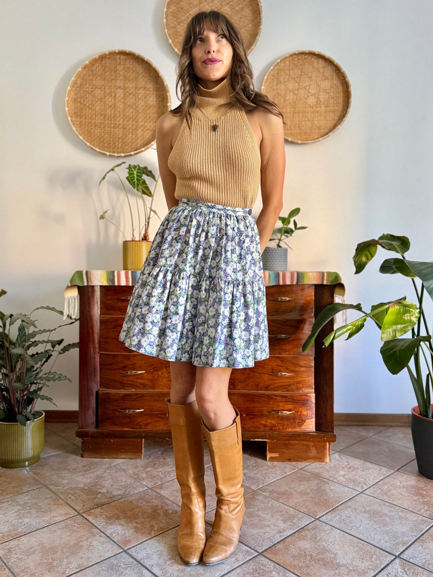 1970's vintage blue green and purple floral skirt
