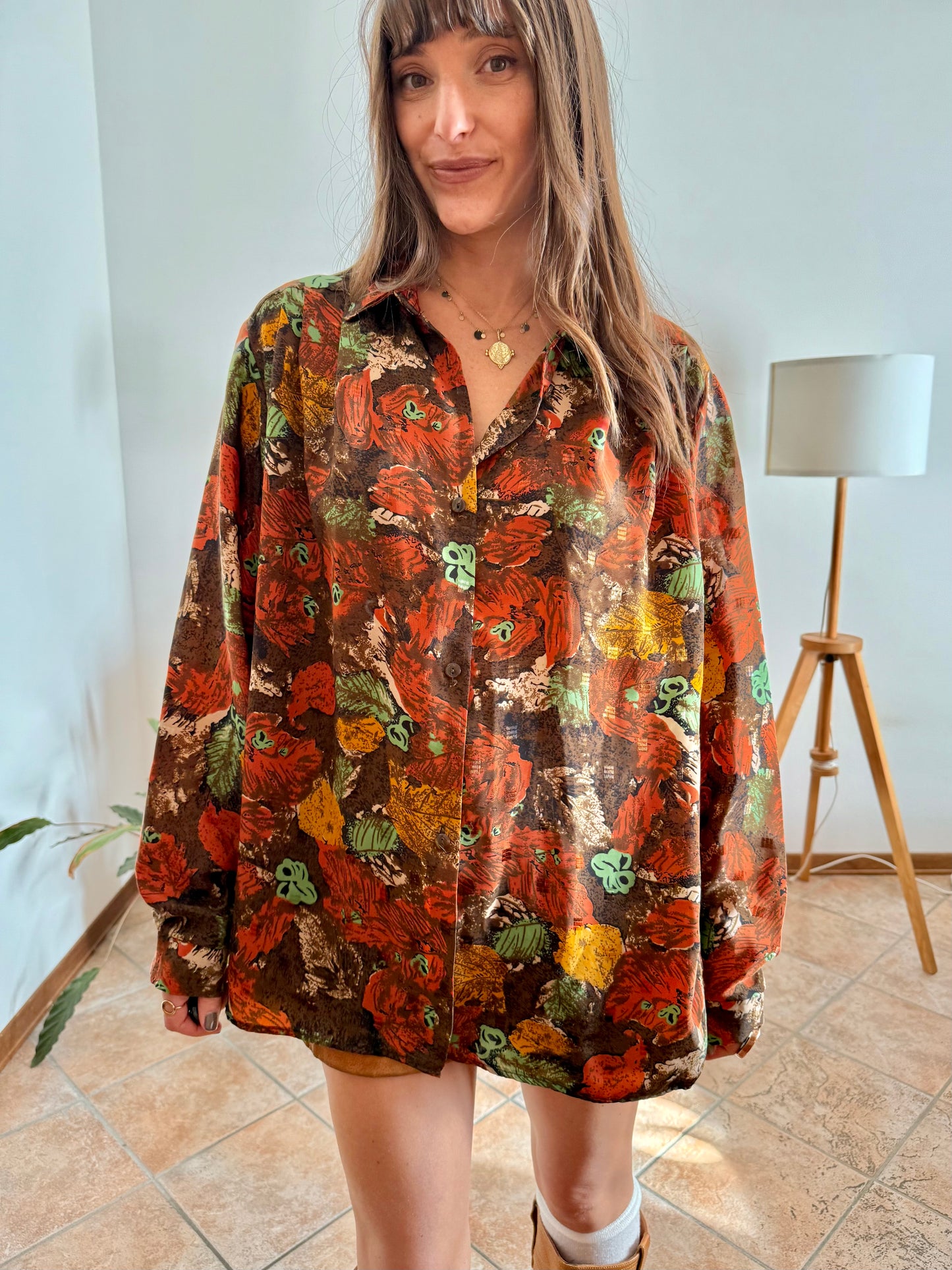 1970's vintage chocolate brown and orange abstract floral print blouse