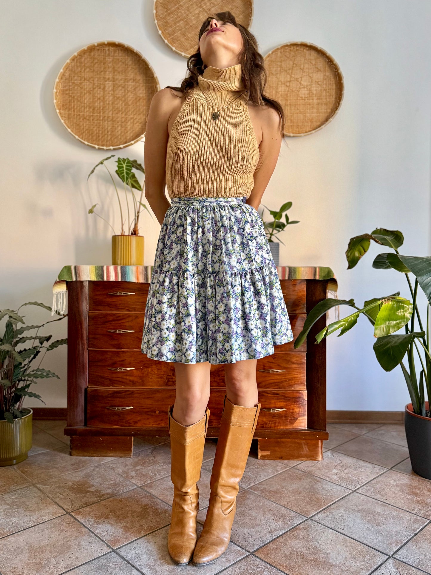 1970's vintage blue green and purple floral skirt